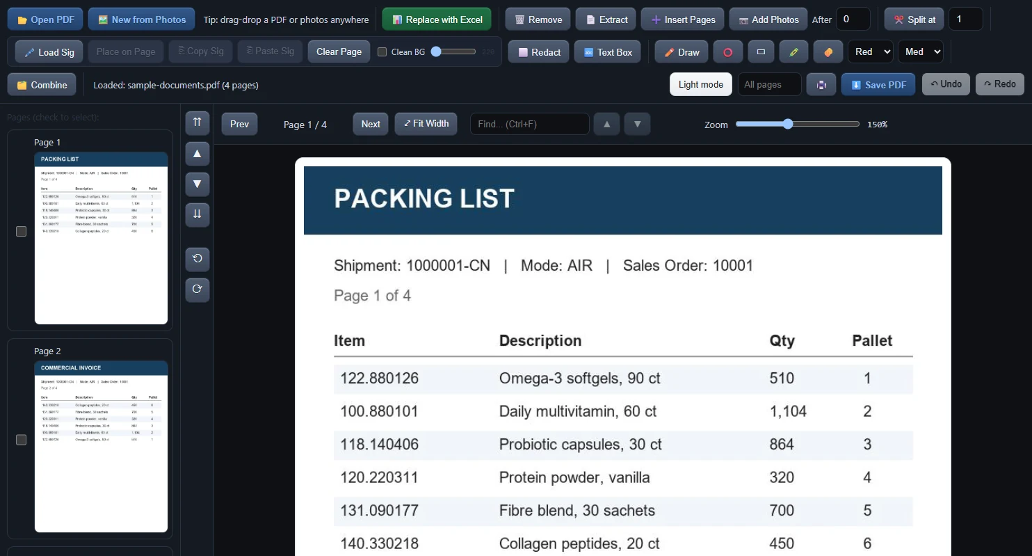 An offline PDF editor showing a sample packing list.